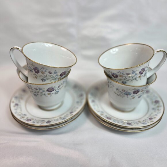 FOUR Noritake Longwood #2485 Cup & Saucer Sets Purple, Blue & Yellow Flowers - Picture 1 of 13